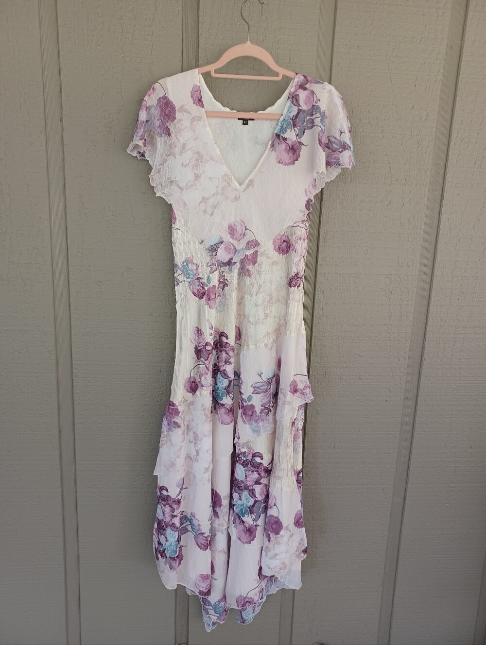 Komarov Floral Flutter Sleeve Tiered Dress Size XL V Neck Pullover Wedding Guest